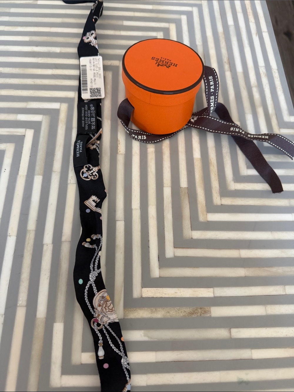 HERMES Doll Black Printed Silk Twilly Scarf for wrist or bag